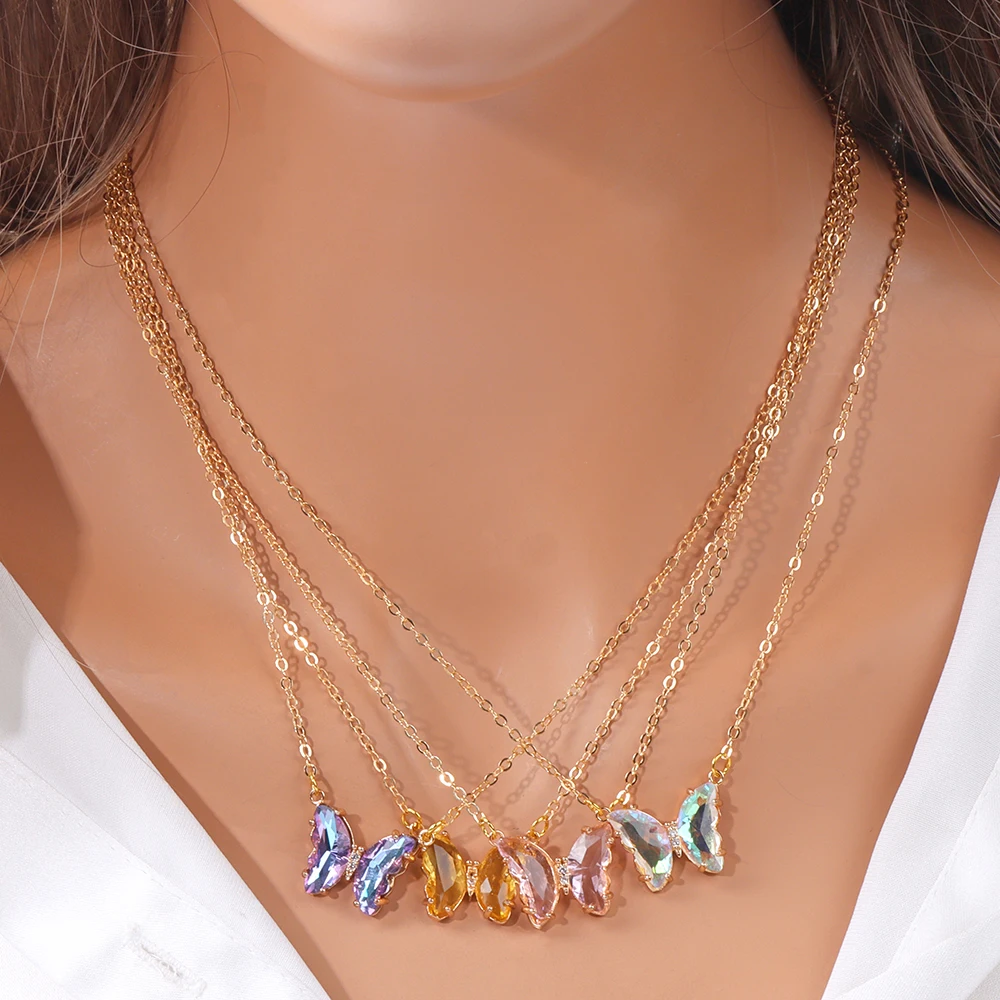 Fashion Crystal Butterfly Pendant Necklaces Clavicle Chain Natural Butterfly Crystal Neckalce Female Choker Neck Jewelry Women