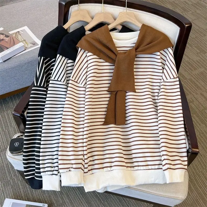 

Spring and Autumn New Shawl Two Piece Set Sweater Small Fresh Academy Style Design Feel Loose Korean Round Neck Pullover Striped