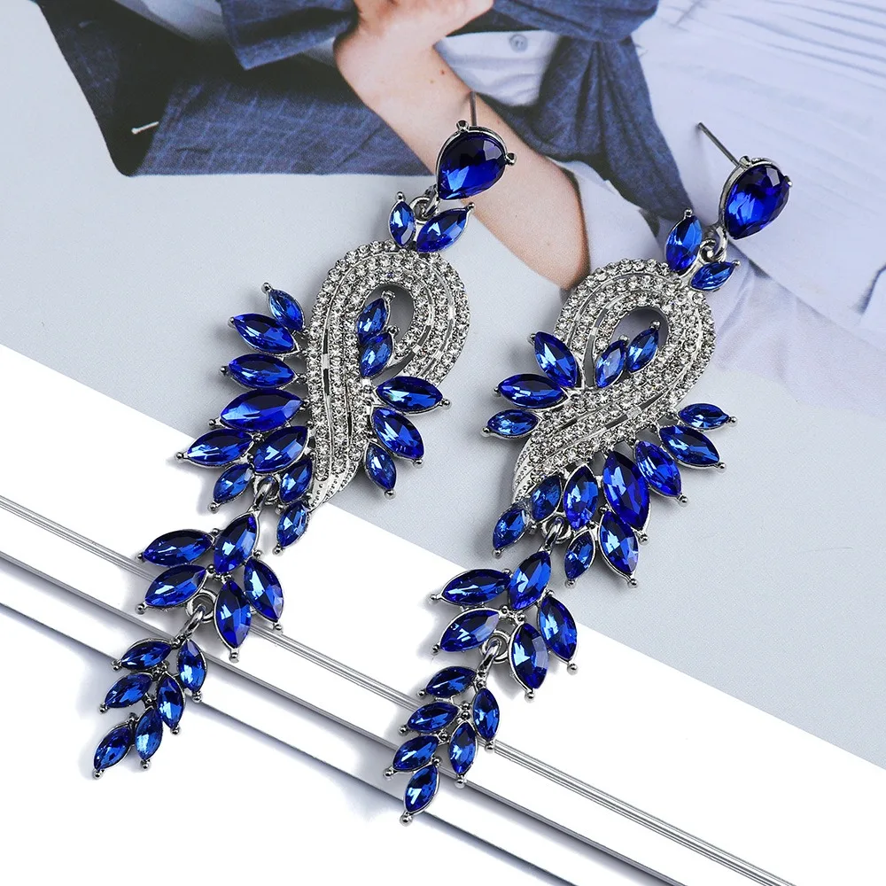 fashion leaf note colored crystal long hanging jewellery for girls earrings women retro light luxury exquisite Ladies\' earings
