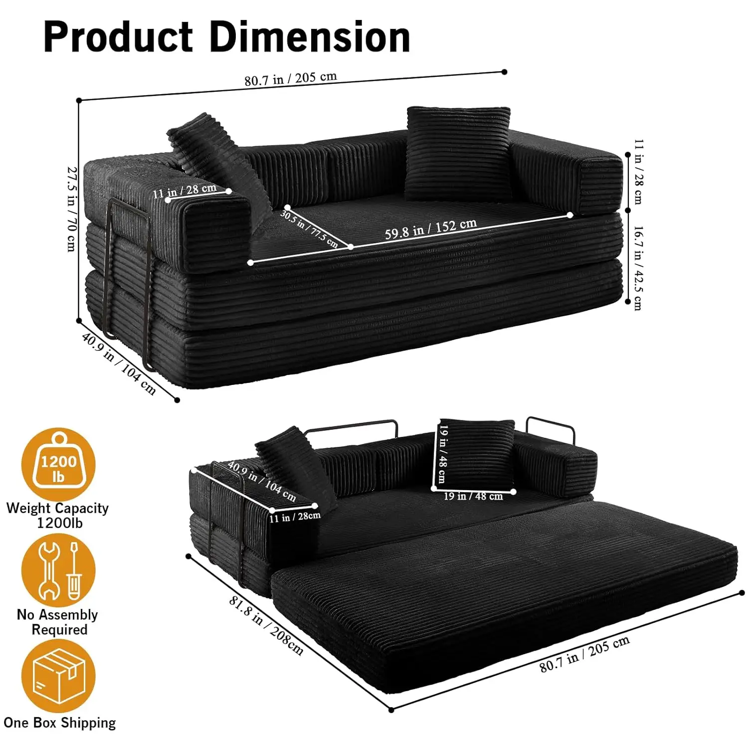 أريكة سرير قابلة للتحويل مقاس 81 بوصة، أريكة أرضية قابلة للطي مع مسند ذراع مربع، أريكة قماش قصير مضغوط بدون عظم في صندوق، أكمام مريحة