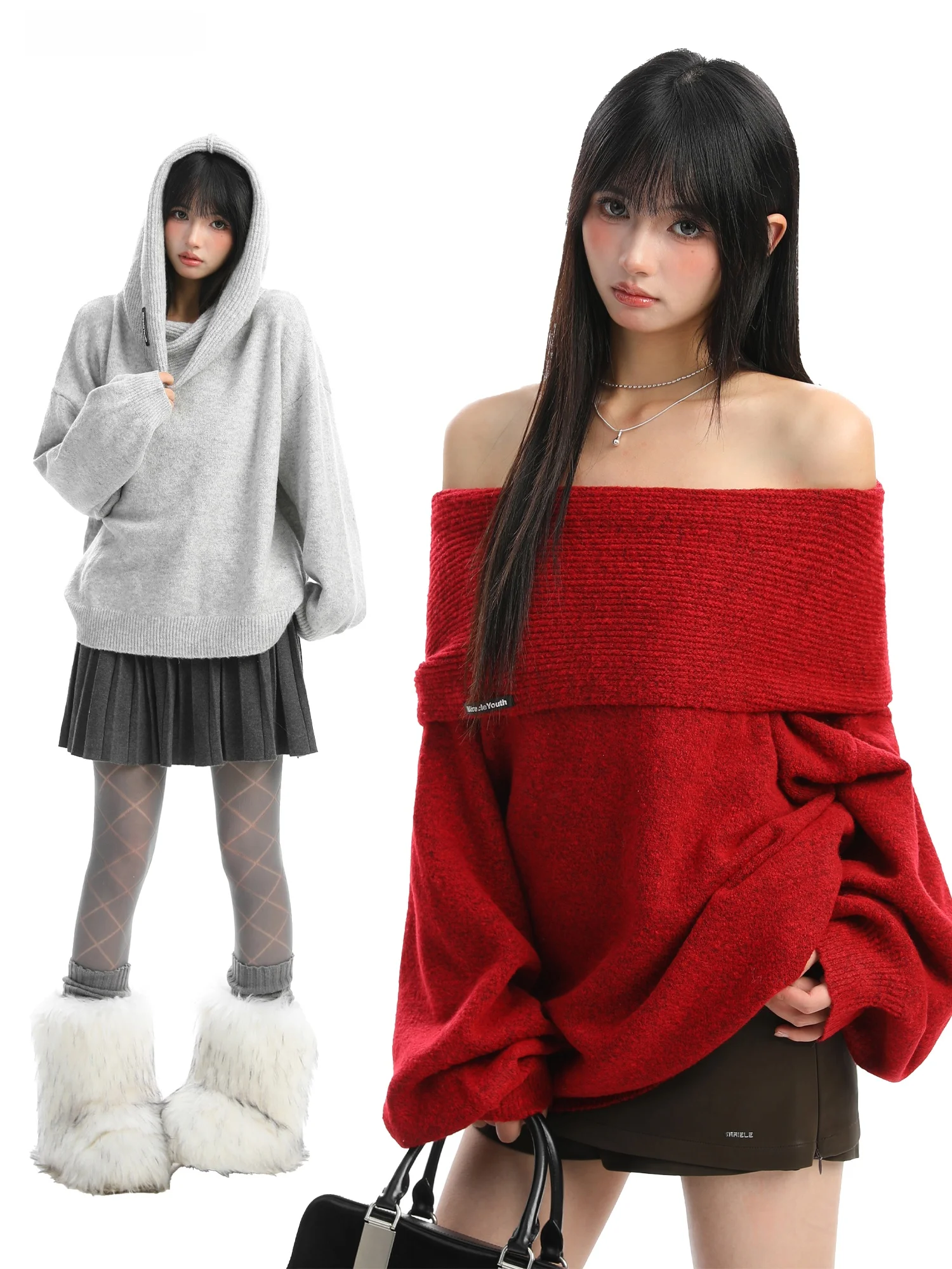 

Женский вязаный свитер Laid-ba на одно плечо, осенне-зимний, красный, новогодний пуловер, свободный крой, удобный, дышащий