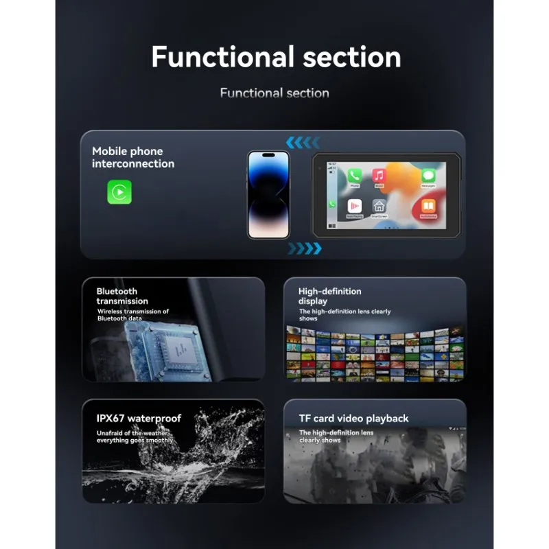 Efficientt-Bluetooth Player 5 Inch Waterproof Motorcycle Navigation Screen-Portable Smart Wireless Carplay Android Auto Monitor