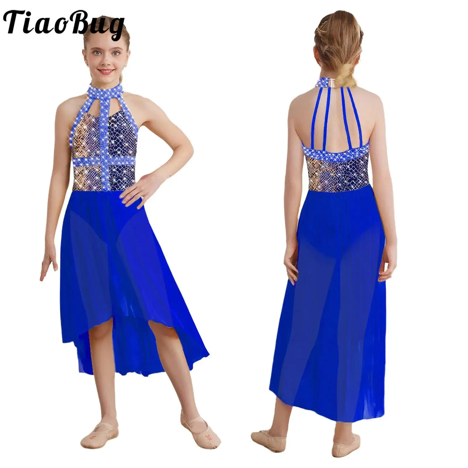 

Girls Contemporary Lyrical Dance Dress Halter Sleeveless Sparkly Rhinestones Snakeskin Print High-Low Mesh Hem Skating Dress