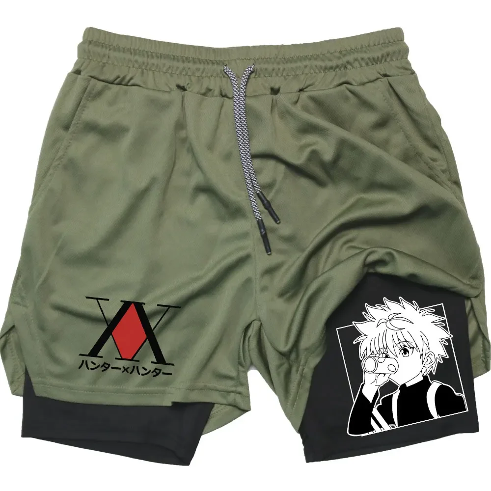 Hunter x hunter desempenho shorts, respirável, esportes, corrida, ginásio, treino, compressão, com bolsos, verão