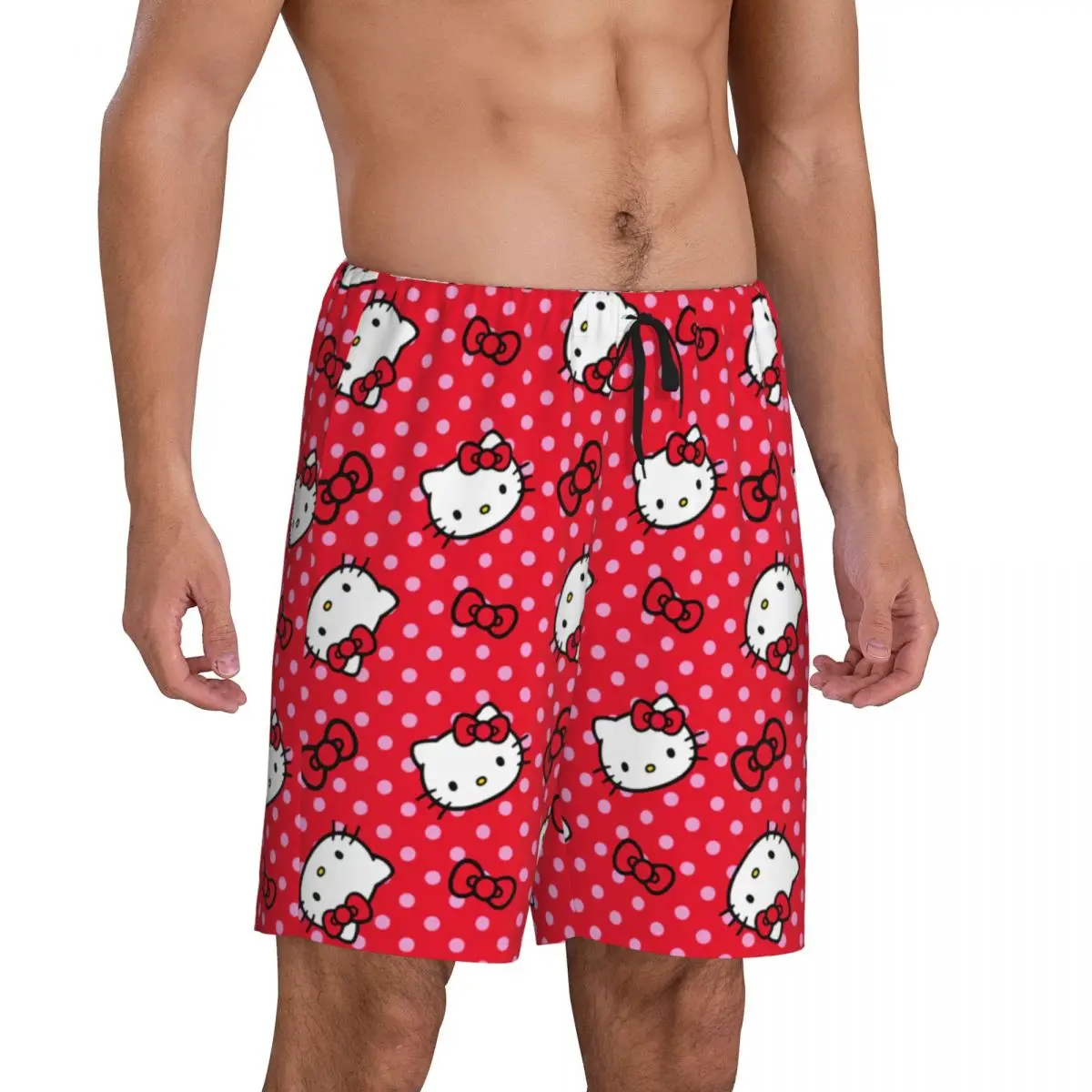 Men Cartoon Anime Hello Kitty Bow Pajama Shorts Custom Printed Sleep Pjs Sleepwear Bottoms with Pockets