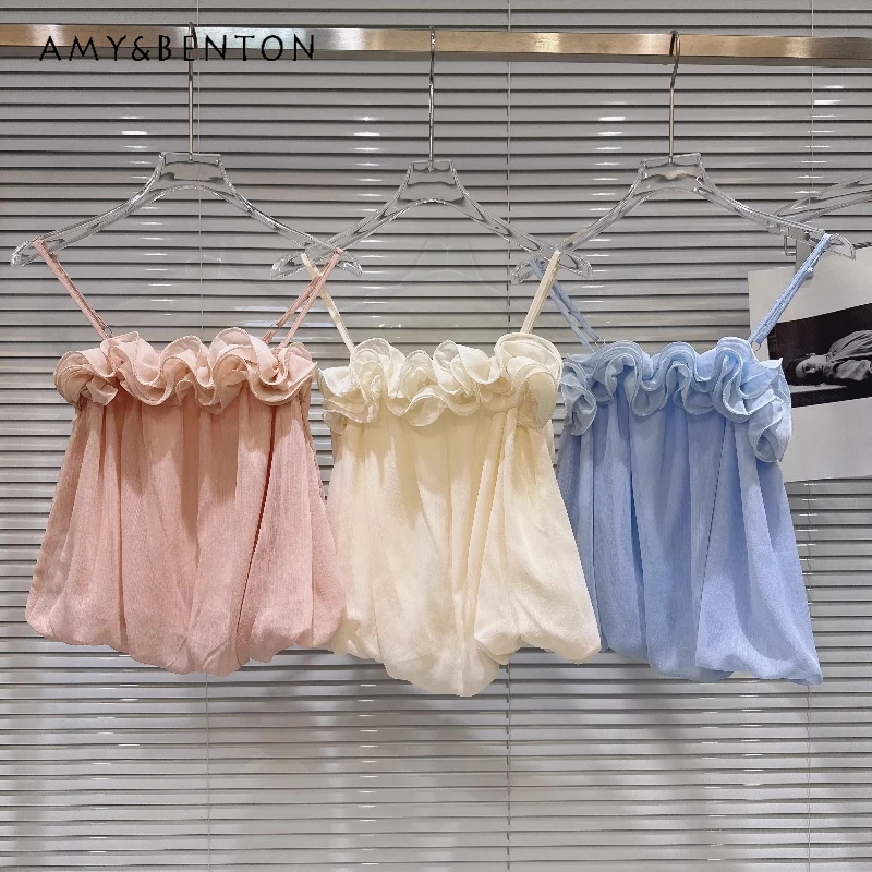 

2026 Summer New Sweet Sexy Vacation Style Women's Sling Korean Design Solid Color Ruffle Edge Fluffy Chiffon Vests Tops Ladies