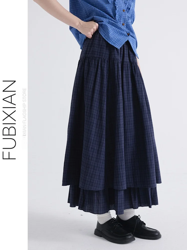

Retro Korean College Sle Plaid Double Layer High Waist A-Line Skirt Women's Spring Autumn New Model Loose Fit Skirt