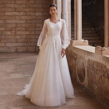 ที่น่าสนใจสายชุดแต่งงานของผู้หญิงคลาสสิกลูกไม้ Appliques เจ้าสาวชุดแขนยาวปุ่มที่กําหนดเอง Vestido De Noivas