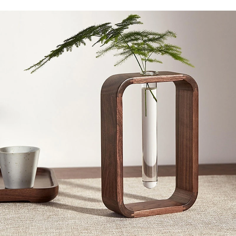 Walnut Wood Glass Vase Desktop Decoration Hydroponic Flower Arrangement Living Room Aesthetic