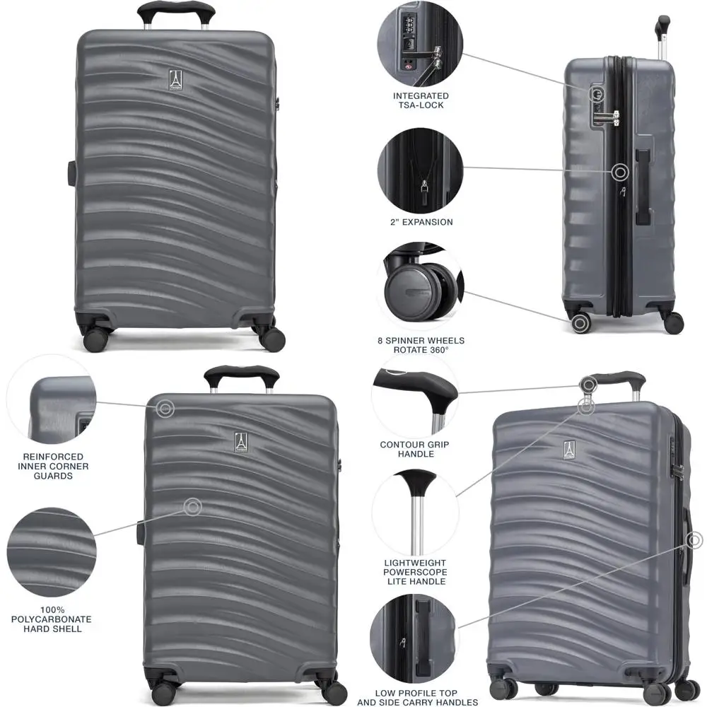 

"lightweight hardshell expandable luggage with 8 spinner wheels, tsa lock, and shadow design"
