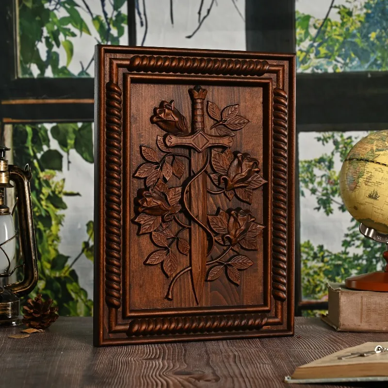 Vintage Solid Wood Carved Rose and Sword Wall Photo Frame Home Living Decoration Ornaments