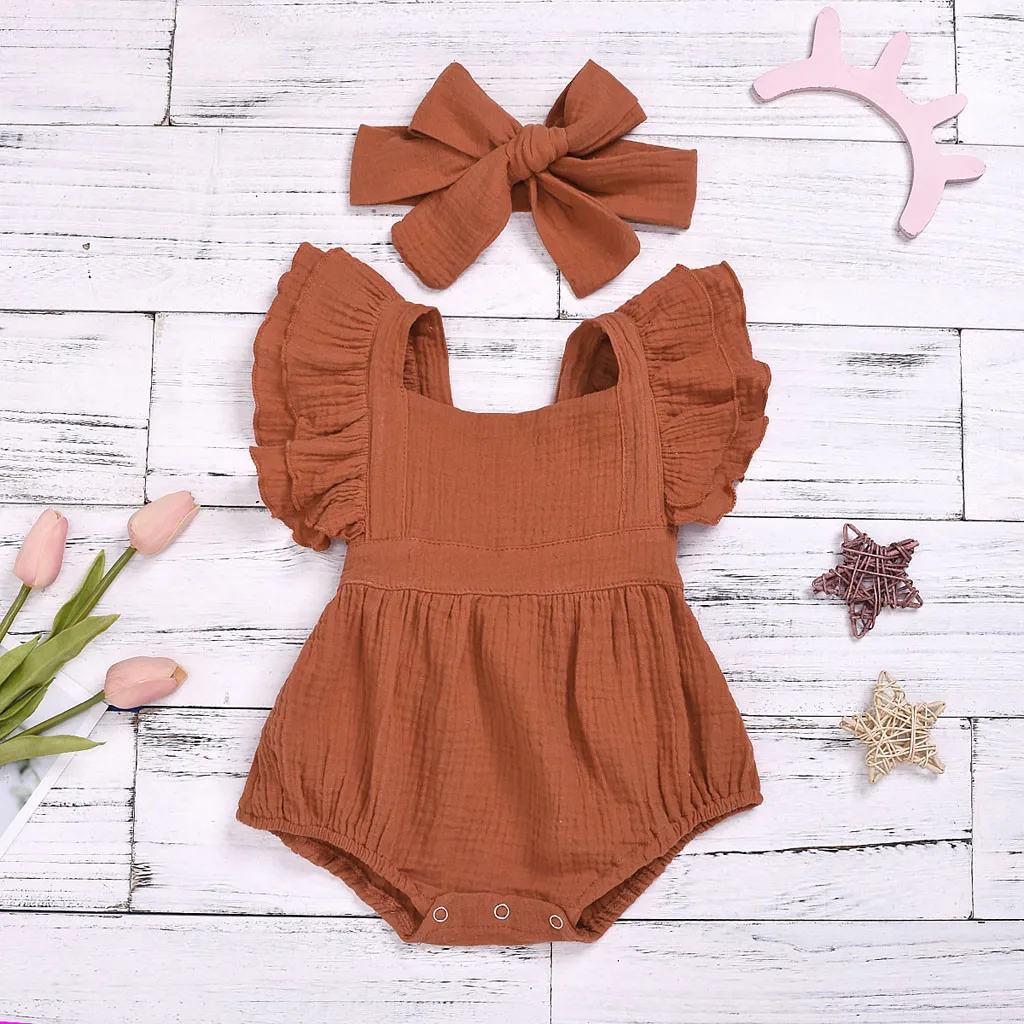 Yaz yenidoğan bebek bebek kız Romper Bodysuits + kafa kıyafetleri Muslin kolsuz tulum çocuklar Onepiece moda bebek giyim