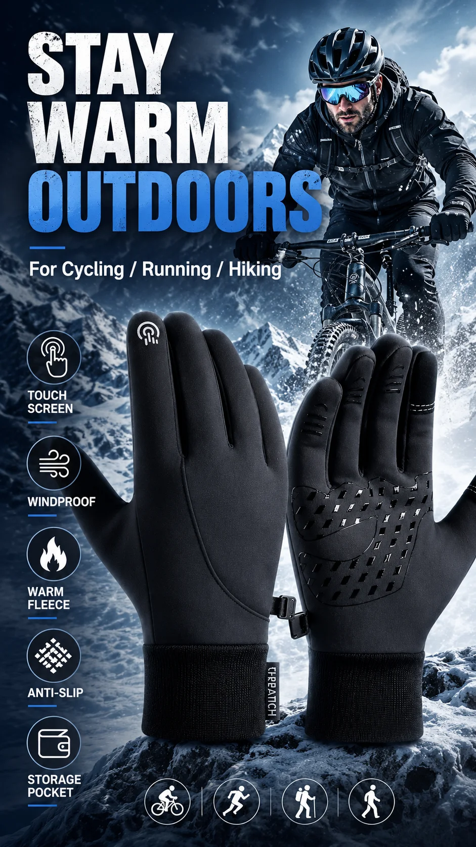 Schwarze Winterhandschuhe mit Touchscreen-Funktion, Warm, Rutschfest, Wasserdicht, Winddicht, Outdoor-Sporthandschuhe für Radfahren, Laufen, Wandern – Detail 1