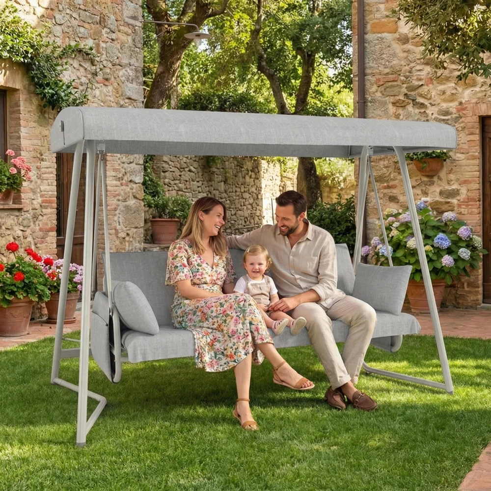 

3-in-1 Hanging Swing Bed: 45° Tilt Canopy, 3-Seater 600lbs, Waterproof/Rust-Resistant, Champagne