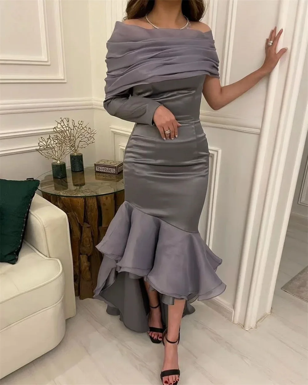 Customized Formal Dress Evening Dearin Bateall Mermaid Tea Length Skirts Fold Layered Tulle Ruffle Bespoke Occasion Dresses Prom