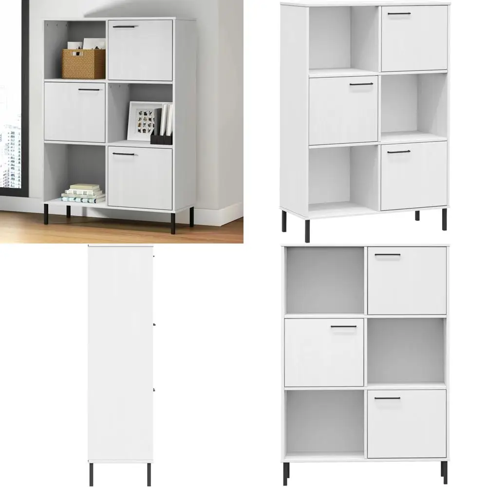 White Solid Wood Bookcase with Metal Legs, 35.4x13.8x50.6, Office Standing Bookshelf, Oslo Style, Storage Shelving for Home or O