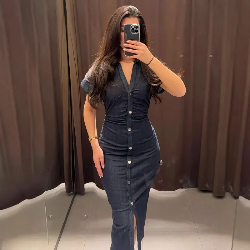 

2025 Spring Summer Women Fashion V Neck Short Sleeve Denim Dress Single Row Buttons
