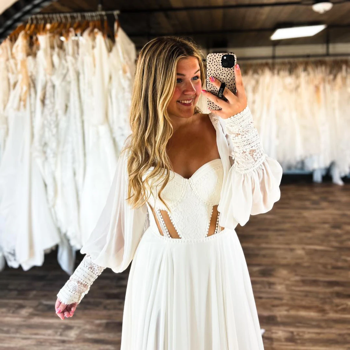 긴 퍼프 슬리브 Boho 쉬폰 우아한 신부 가운 높은 슬릿 Sweetheart 지퍼 라인 레이스 컷 아웃 맞춤형 웨딩 드레스