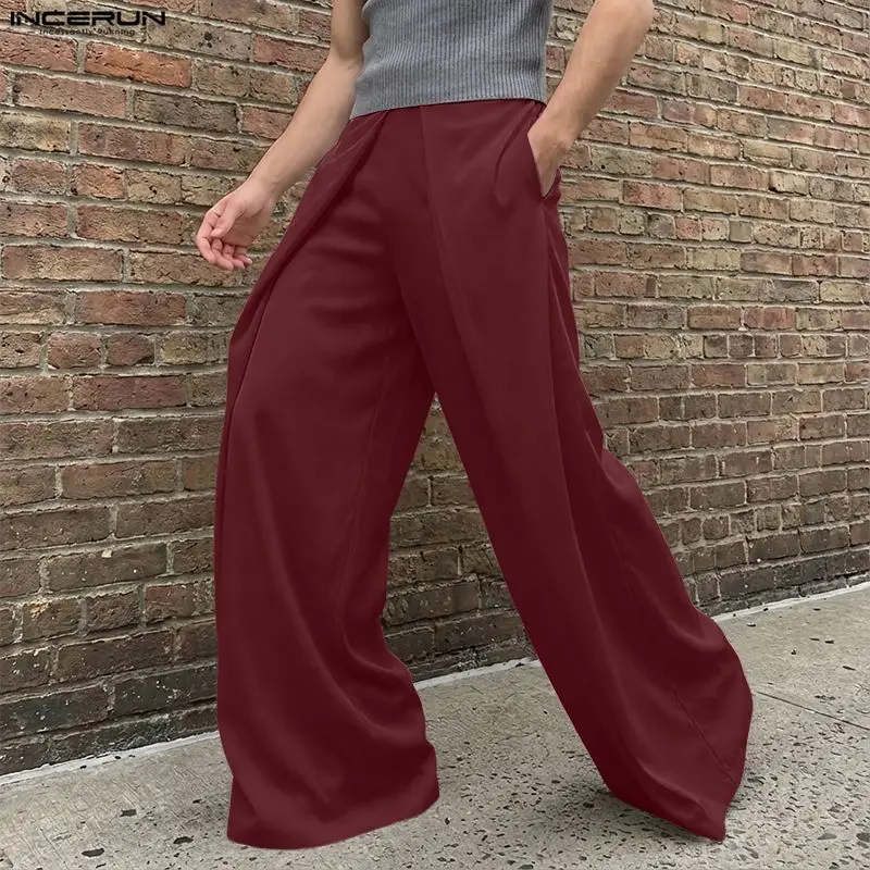 INCERUN Men Pants Solid Color Elastic Waist Joggers Casual Male Wide Leg Pants Streetwear Oversize 2026 Fashion Trousers Men view 3