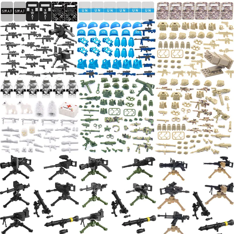 

MOC военное оружие, строительные блоки, фигурки солдат, шлем, жилет, щит, Gatling, тяжелые машинные пистолеты, кирпичи, аксессуары, игрушки DF006