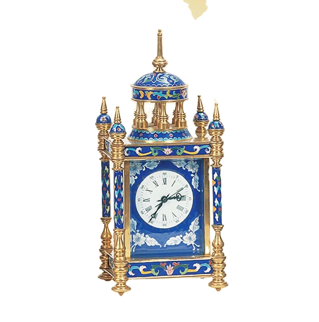 Solid Brass Vintage Classical Antique Imitated From 19th  French  Mechanical Floral  Blue Cloisonne Enamel Table/Desk Clock