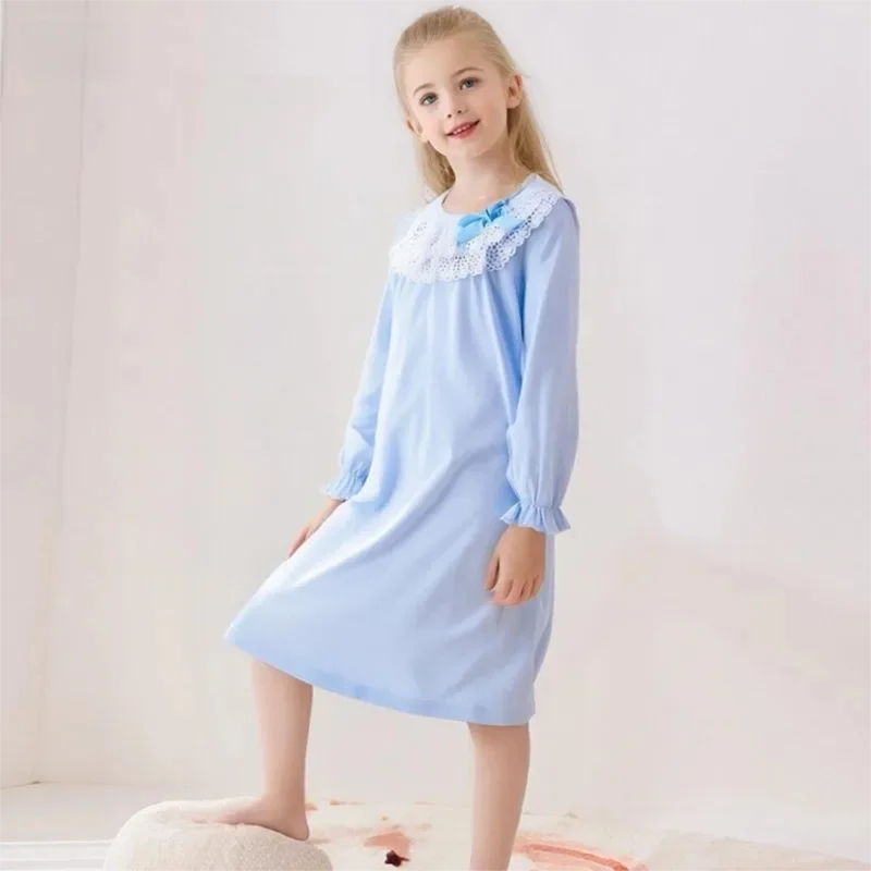 Girls Princess Cotton Nightgowns Mother Daughter Long Sleeve Nightdress Knitted Pajamas Kids  Bud Silk Sleepwear 4-20 Yer