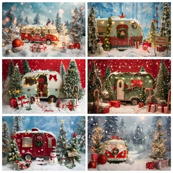 Christmas Forest Snow Scene Photography Background Retro Truck Xmas Tree Backdrop Candy Cane Gift Decor Family Photo Studio