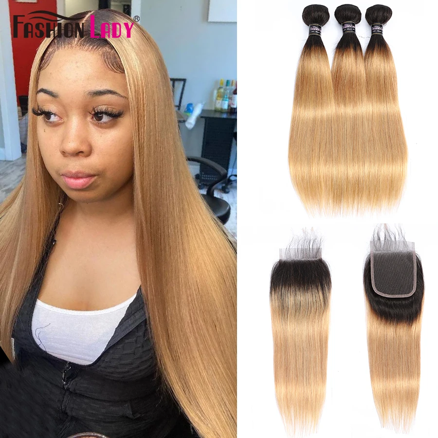 Straight Ombre Bundles With Closure 4x4 Human Hair Bundles With Lace Closure 1b27 Remy Brazilian Bundles And A Closure