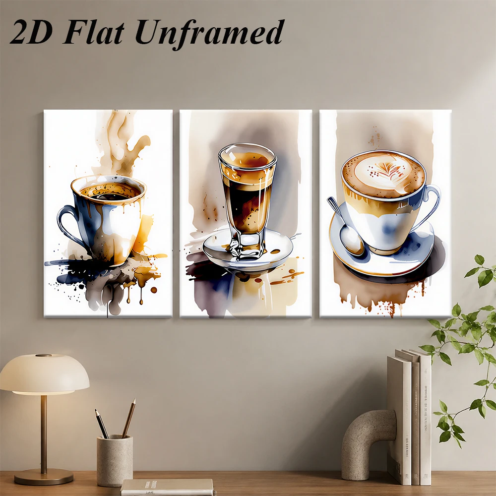 1 set of modern minimalist coffee themed frameless decorative paintings, triptych living room watercolor art paintings, 2D plan