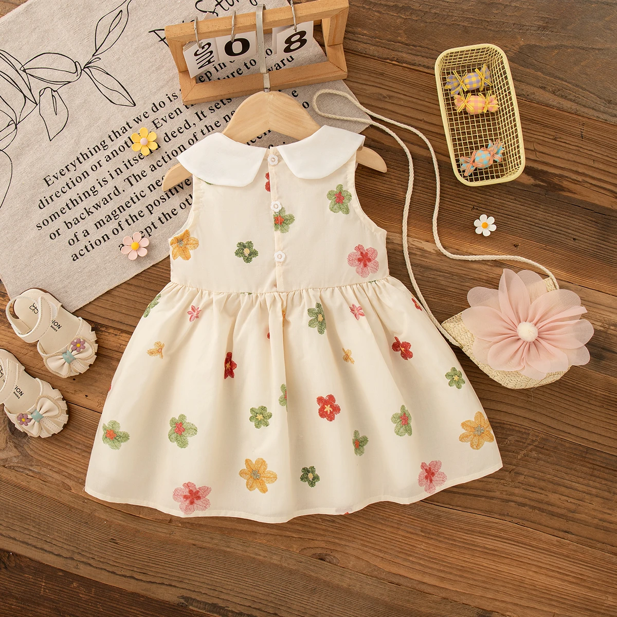 فساتين كاجوال للفتيات الصغيرات مطرزة بالزهور الملونة بدون أكمام وياقة الدمية فستان لطيف للفتيات الصغيرات مع حقيبة #2