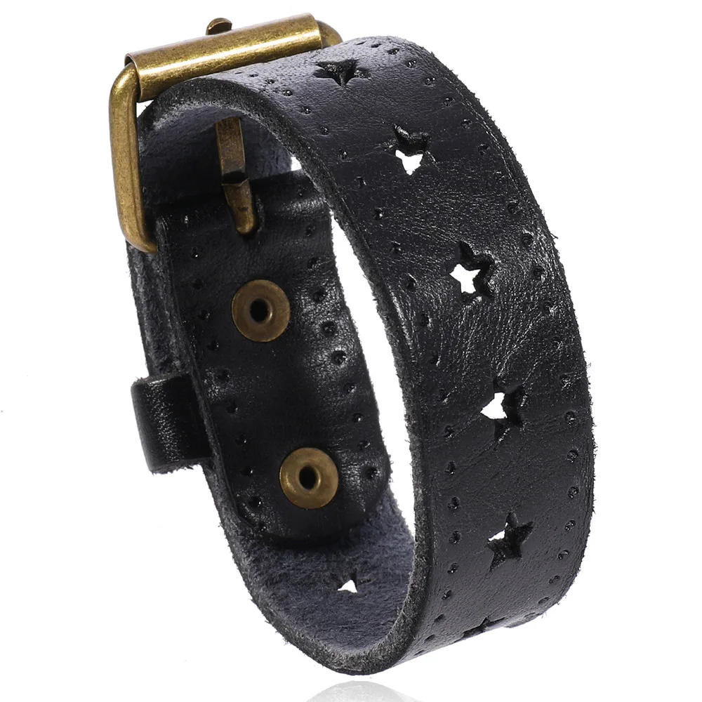 Bracelet rétro en cuir de vache pour hommes, ajouré, étoile à cinq branches, Punk Rock, personnalité, accessoires créatifs simples