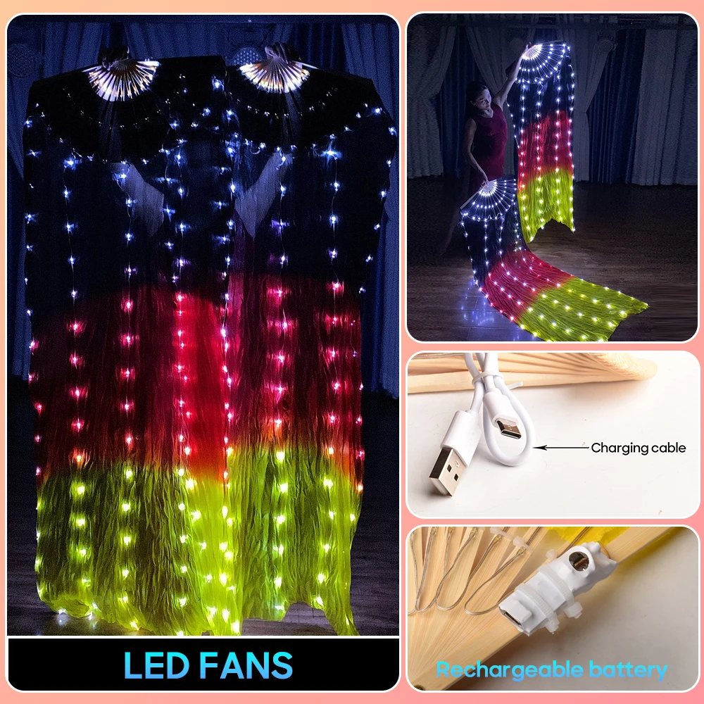 Rechargeable LED Fans with Real Silk Veil for Belly Dance 180cm One Piece One Pair Right Left Hand Stage Performance Accessory