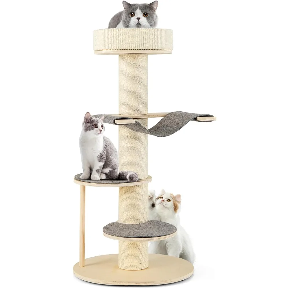 

Wood Cat Tree, 47 Inch Multi-Layer Cat Tower with 5.7” Thicker Sisal Covered Scratching Posts & Carpet, Padded Top Perch