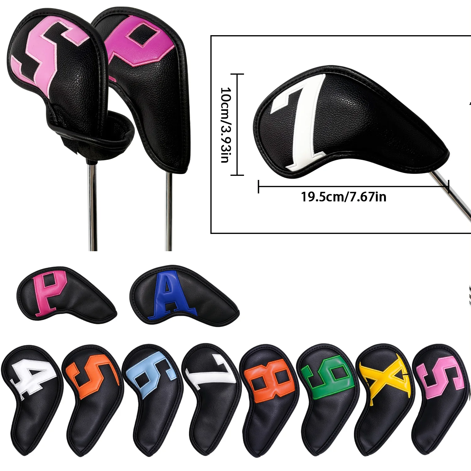 Golf Iron Club Head Covers Set Big Number Long Neck Black PU Leather 10pcs/Pack 4-9 PASX Verclo Close