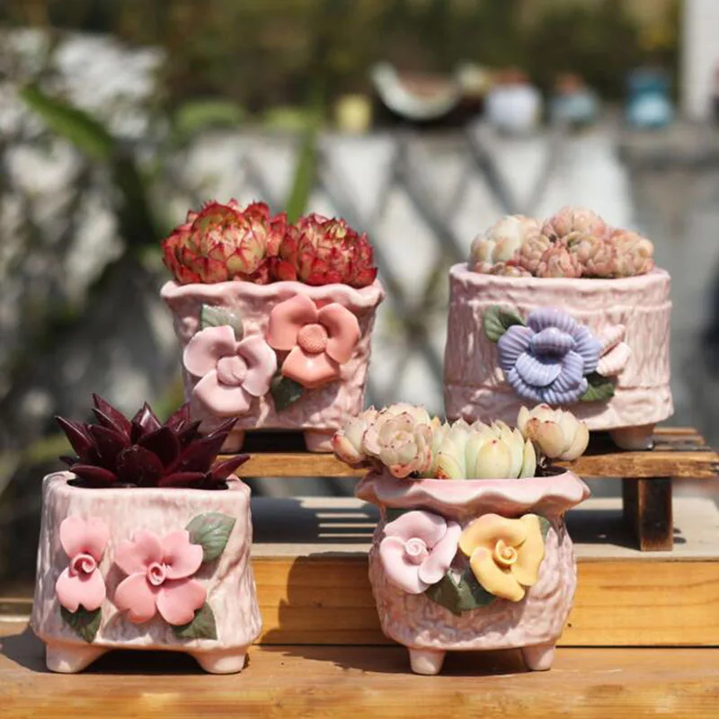 

4 Pcs/Set Porcelain Succulent Plant Pot Creative Pink Relief Floral Pattern Fleshy Pot Vase with A Hole Home Garden Decor