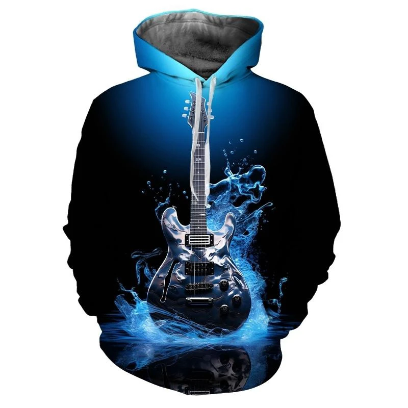 Retro Blue Bass Guitar 3d Print Hoodie Men Fashion Casual Music Instruments Pattern Pullovers Funny Personality Street Hoodies