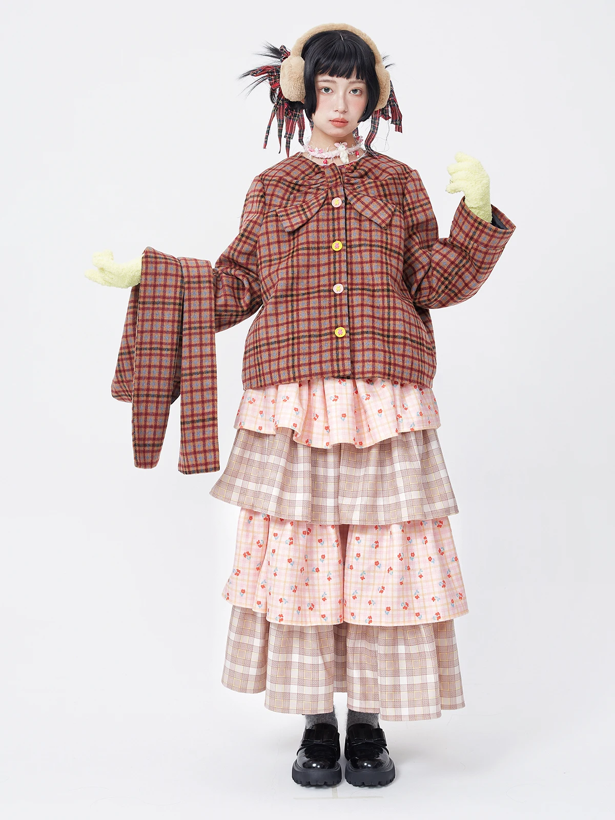 Japan JK Lolita Girls Pink Tiered Puff Cake Skirt Women Retro Cute Style, Plaid & Cherry Print Midi Skirt for Fall Winter Season