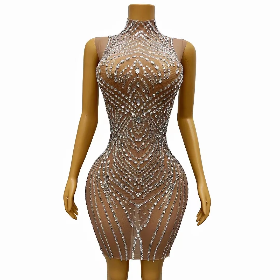 

Bling Silver Rhinestones Nude TransparentMesh Sleeveless Dress Birthday Celebrate DressPerformance Outfit Dance Costume Tianzh