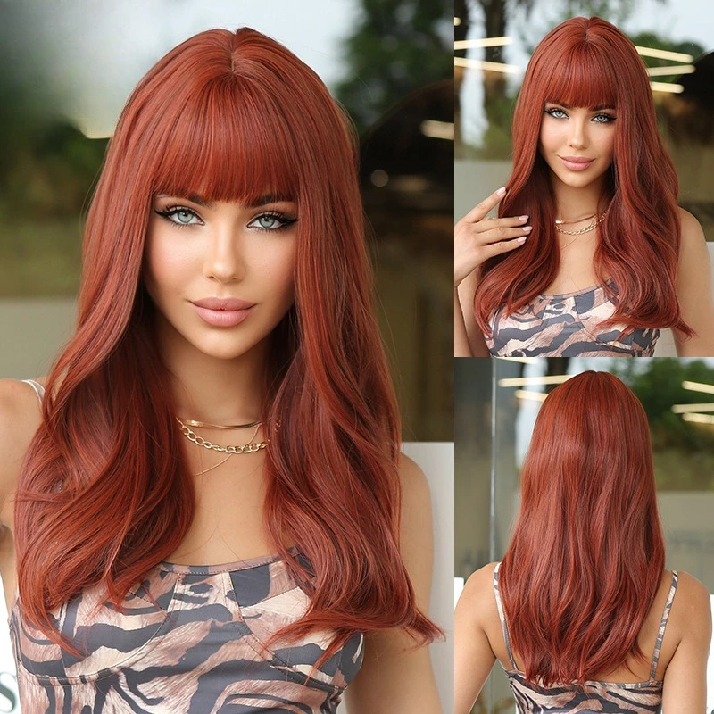 

High temperature silk women's wig, fashionable style long hair burgundy, Qi bangs big waves fashion party