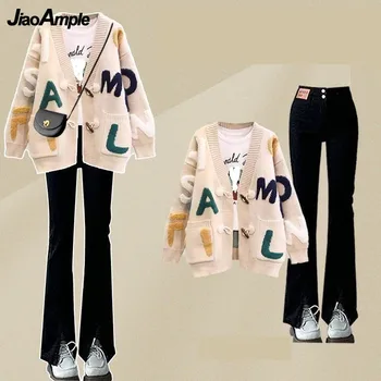 Feminino 2025 primavera outono elegante carta camisola de malha casaco + calças jeans terno de 2 peças coreano vintage bordado cardigan jeans conjunto