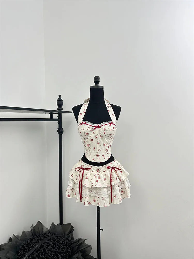 女性用ホルタートップとミニスカート、バレエコアの衣装、gyaru Bargabaru、Halter Top、誕生日の衣装、休日、2000s、y2k、2ピースセット、夏