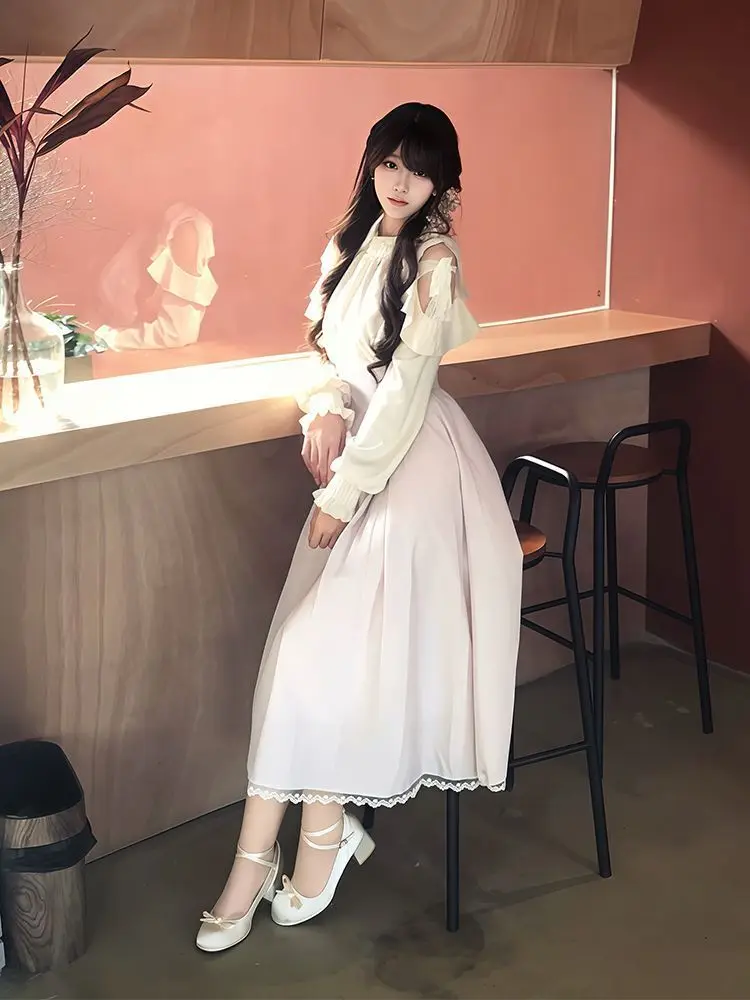 

French Retro Elegant Dress Women Casual Ruffle Long Sleeve Stand Collar High Waist Lace Trim A Line Flare Hem Elegant Midi Dress