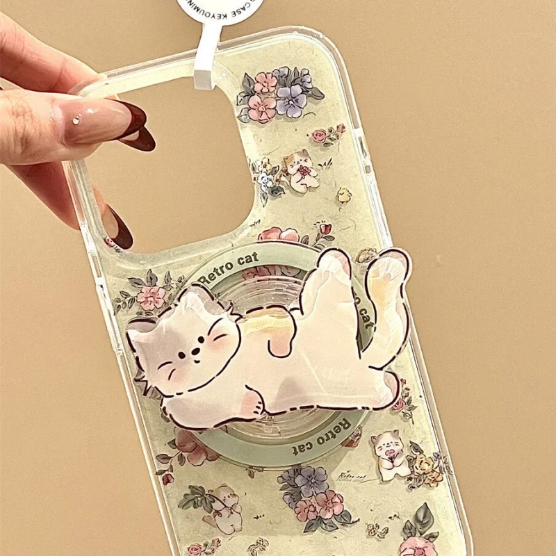 Korean Cute Kitty For Magsafe Phone Magnetic Griptok Stand For iPhone Funny Foldable Wireless Charging Case Holder