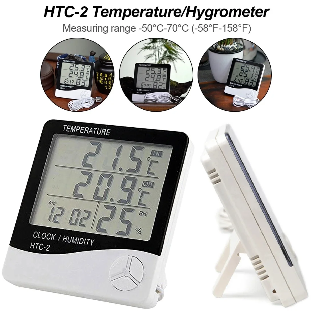HTC-1 HTC-2 LCD Digital Temperature Humidity Meter Home Thermometer Hygrometer Indoor Outdoor Electronic Weather Station Clock