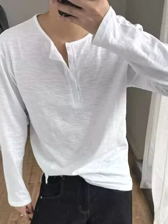 Lightweight Loose Fit Long Sleeve Henry Shirt Men's T-Shirt Cool Feeling Half Open Collar Sun Protection Face Mask Chinese Ba...