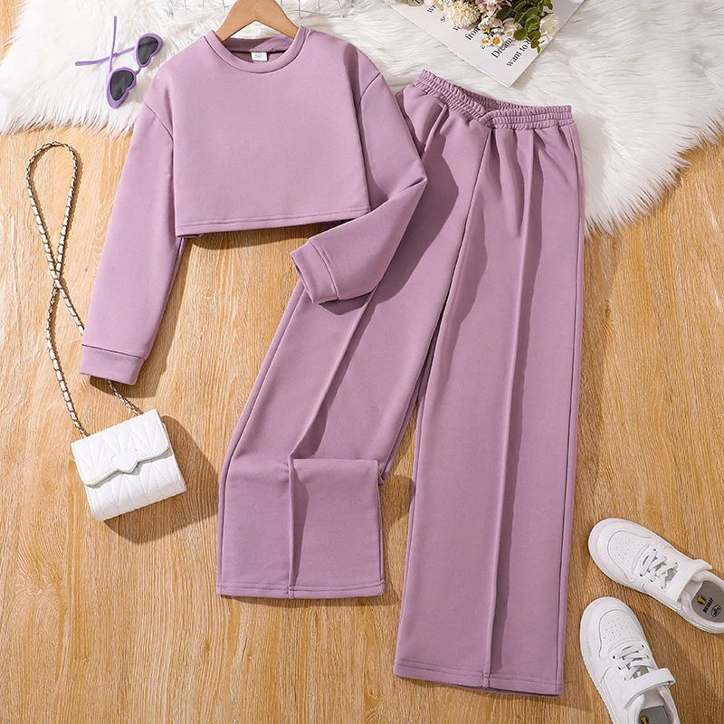 2PCS Spring and Autumn Girls Children\'s Simple Solid Color Polyester Hoodless Sweatshirt + Casual Loose Straight Leg Pants 8-12Y