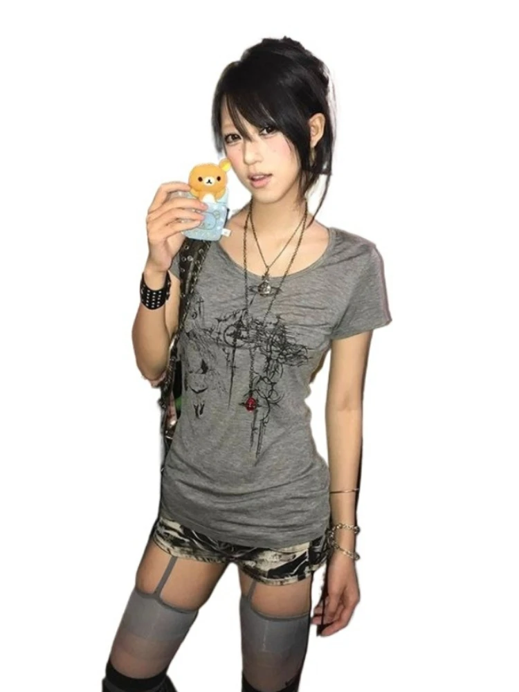Houzhou harajuku vintage cinza camiseta feminina estilo japonês gótico gráfico camiseta grunge y2k punk picante menina manga curta t