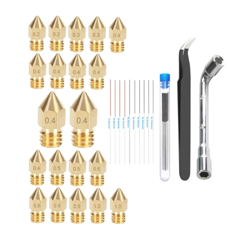 20/25PCS MK8 Brass Nozzle 0.2 0.3 0.4 0.5 0.6 0.8 1.0mm Wrench Cleaning Needles Extruder Head Nozzle CR-10 10S Ender 3