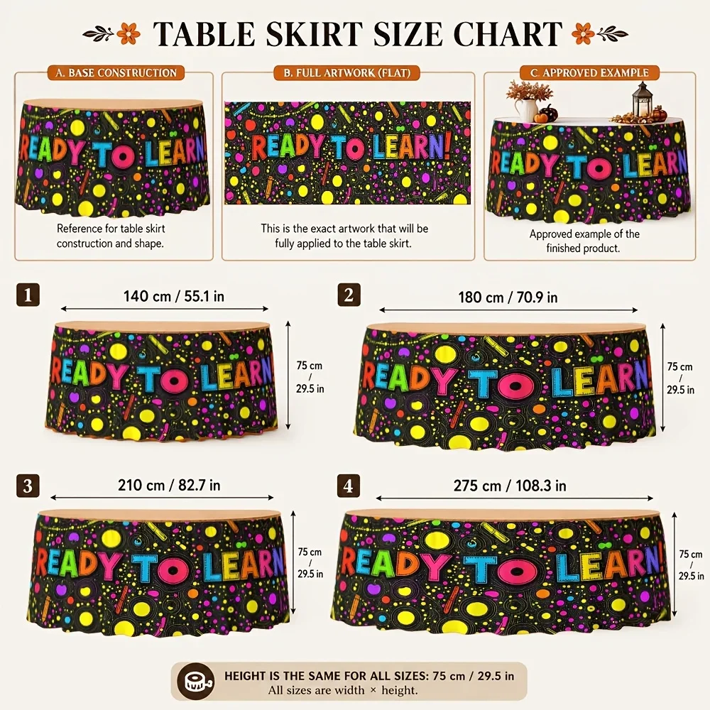 One table skirt, ready for learning, polyester table skirt, bright colors, educational fun, inspiring