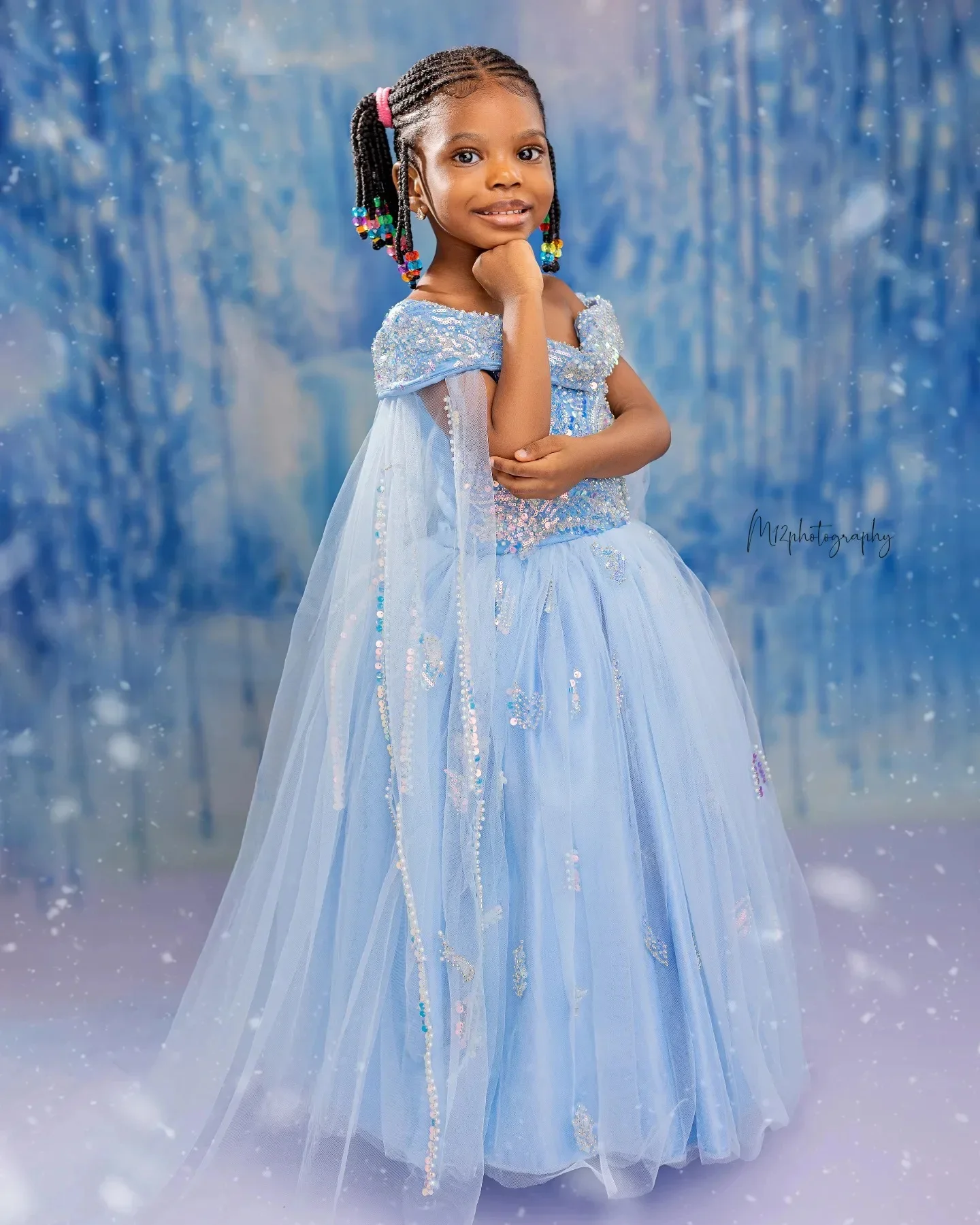 

Light Blue Customized Flower Girl Dress for Wedding Off Shoulder Beading Girls First Birthday Party Holy Communion Gowm